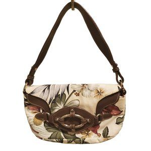 BCBGirls Shoulder Bag Purse Cream Hawaiian Floral Canvas DBL Flap Closure EUC